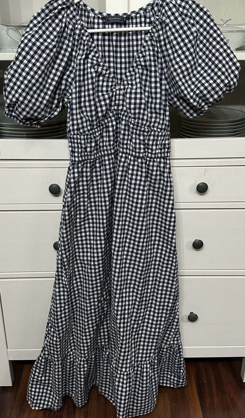 Vineyard Vines Navy Gingham Puff Sleeve Smocked Midi Dress with pockets